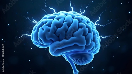 Human Brain Digital Illustration: Electrical Activity, Flashes, and Lightning on a Blue Background
