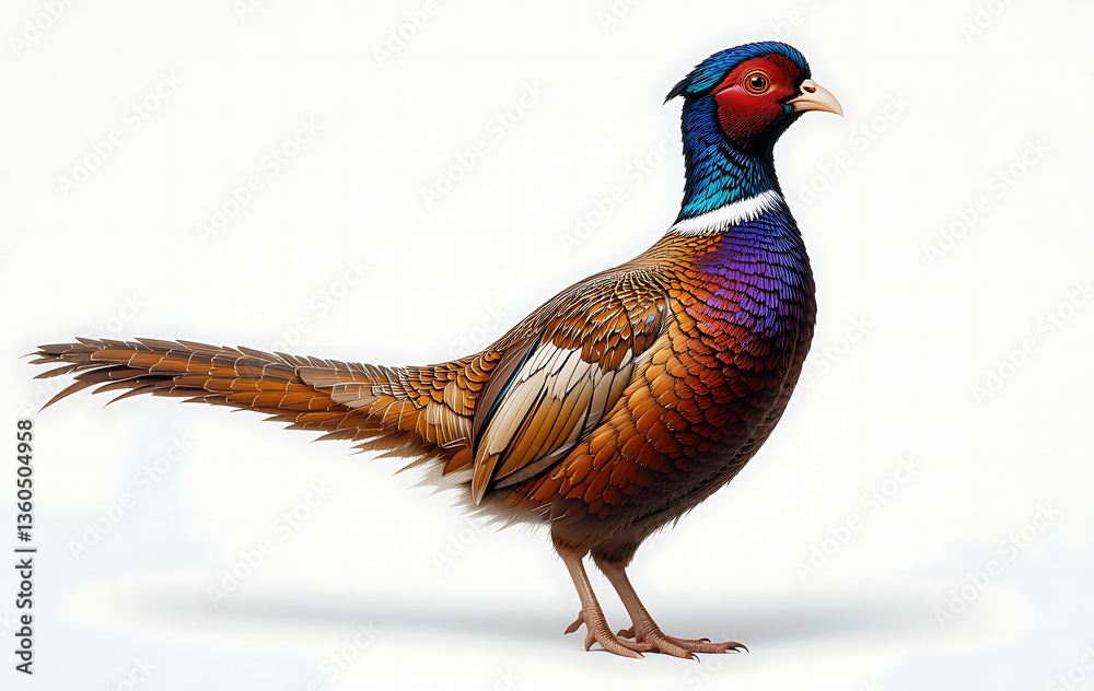 Fototapeta premium Close up, Male European common pheasant Pasians colchicums isolated on white background