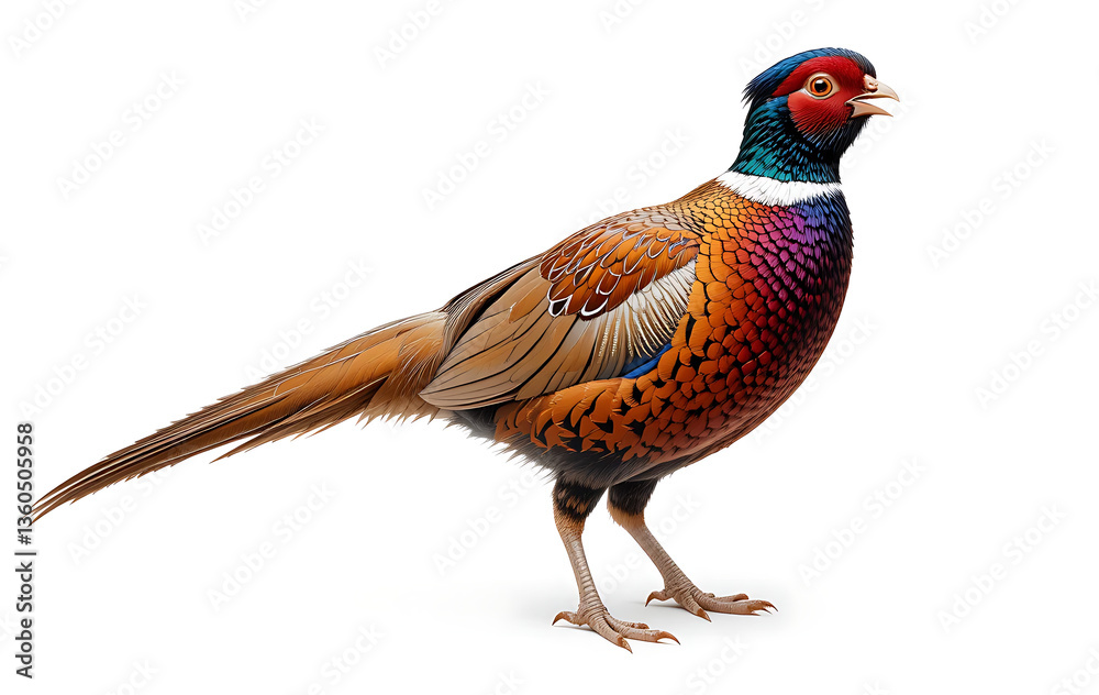 Fototapeta premium Close up, Male European common pheasant Pasians colchicums isolated on white background