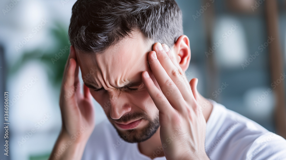Fototapeta premium Man holding his head in pain, struggling with a headache. Concept of mental stress, migraine, and health issues. Close-up portrait. headache, migraine, man, pain, stress, discomfor