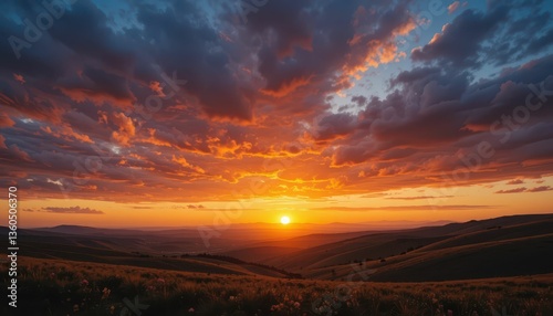 Breathtaking Sunset Over Rolling Hills with Dramatic Cloudscape
