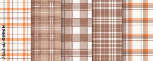 Check background. Tartan seamless pattern. Plaid gingham textures. Flannel shirt textile. Set brown fabrics. Vichy prints. Lumberjack tablecloth. Buffalo checkered backdrops. Vector illustration