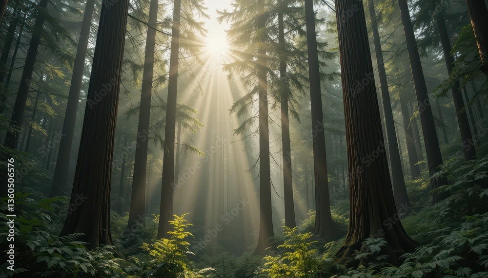 Obraz premium Sunlight Streaming Through Tall Trees in a Dense Forest Landscape