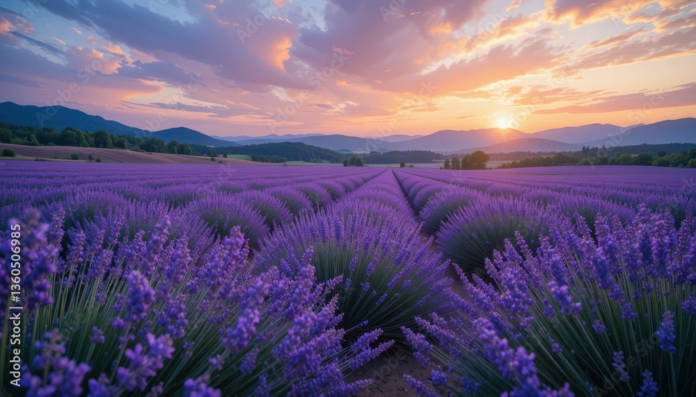 Obraz premium Lavish Lavender Fields Under Sunset Glow in Serene Landscape