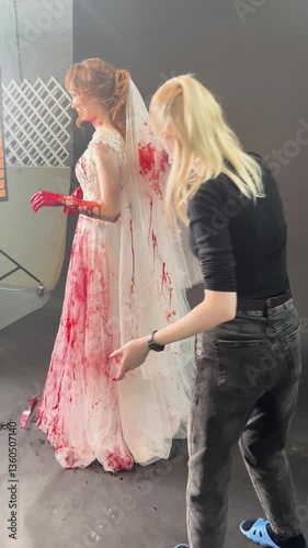 Bridal beauty transformation at backstage shoot with dramatic details