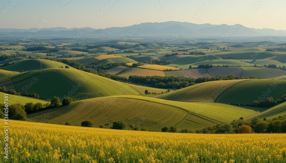 Obraz premium Stunning View of Rolling Green Hills with Flowering Fields