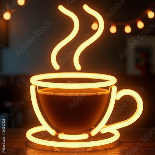 Neon sign of coffee cup glowing in dark cafe, warm light and steam shape, modern coffee shop decoration concept with copy space