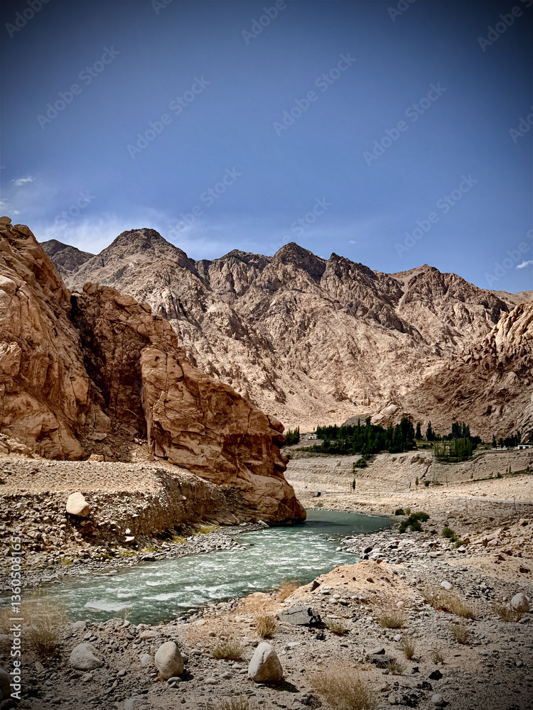 Fototapeta premium Landscapes of Ladakh are breathtaking and amazing. Ladakh has high mountain ranges, passes, rivers, buddhist monasteries and loveable flaura and fauna for tourists to cherish and enjoy.