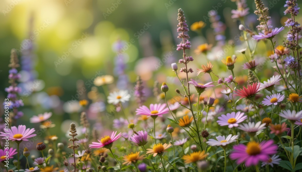Obraz premium Colorful Wildflower Meadow in Soft Focus with Gentle Sunlight Effects