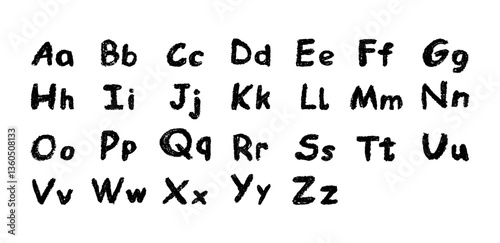 English alphabet hand-drawn in a crayon. Capital and lowercase black letters in chalk, pastel, or wax style. Highlighter effect on board for kindergarten drawing and learning. Vector illustration