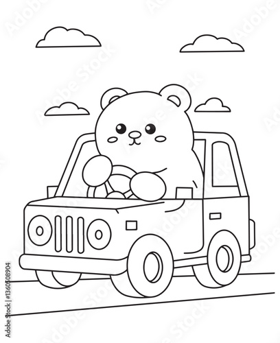 Coloring book bear cub driving a car under a cloudy sky. Fun line art for coloring, featuring a travel scene 