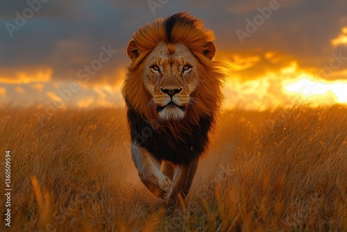 Majestic lion running through golden grass at sunset in the African savannah