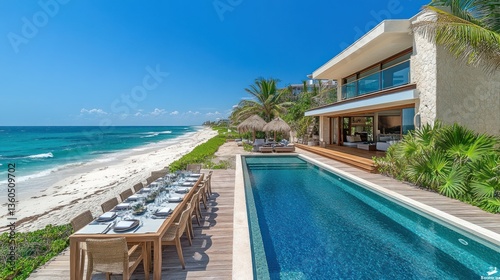 Fototapeta Naklejka Na Ścianę i Meble -  Oceanfront luxury villa with infinity pool, dining area, and beach access