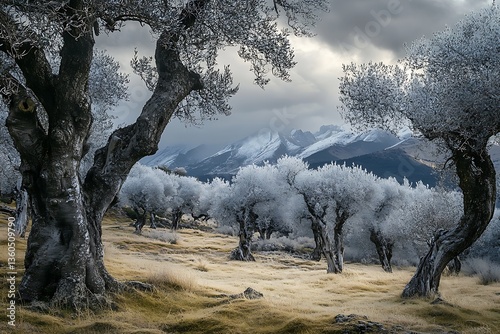 A Scenic Olive Grove on a Cloudy Day with the Landscape in the Background photo