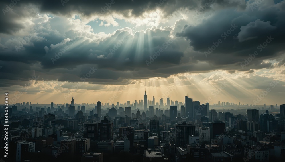 Fototapeta premium Majestic City Skyline Under Dramatic Clouds and Sunlight