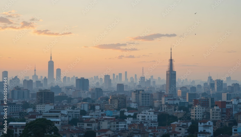 Fototapeta premium Urban Cityscape at Dusk with Skyline and Towers Against Soft Sunset