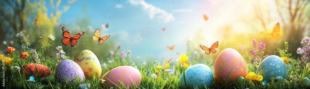 Fototapeta premium Colorful Easter Eggs Surrounded by Vibrant Flowers and Butterflies Under a Bright Sky During a Warm Spring Day