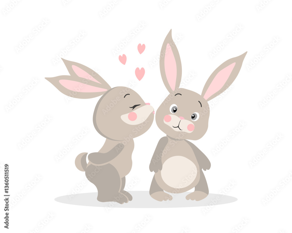 Obraz premium Cute enamored bunnies are kissing on a background with hearts. Greeting card, illustration