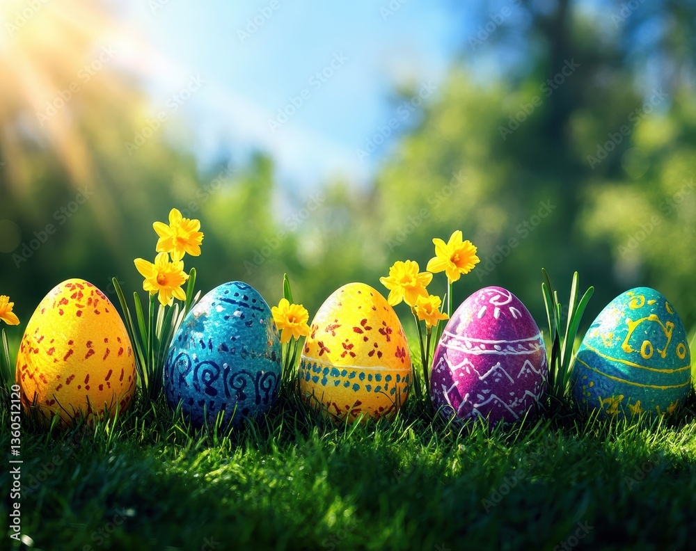 Colorful Easter Eggs with Artistic Designs and Daffodils in a Bright Spring Landscape Under Warm Sunlight Colorful Easter Eggs with Artistic Designs and Daffodils in a Bright Spring Landscape Under Warm Sunlight