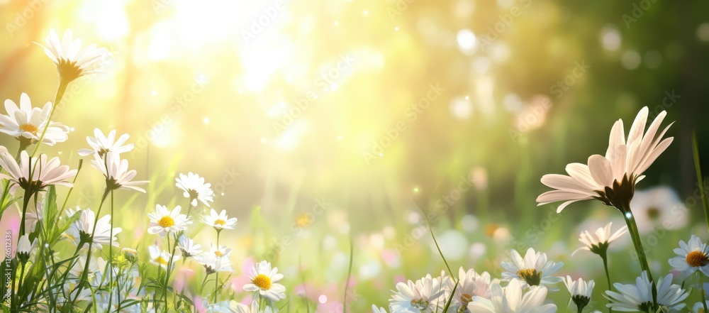 Obraz premium Beautiful spring background with blooming flowers, daisies, and pastel colors on a sunny day