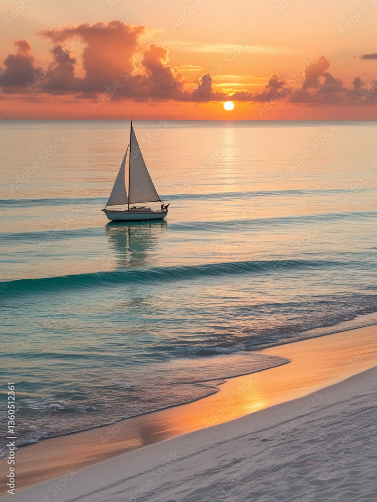 Obraz premium Tranquil beach at sunset with a sailboat drifting on calm waters