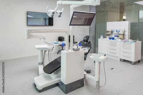 Modern dental clinic with advanced equipment professional dentist chair bright sterile environment high-tech tools for oral care hygiene treatment contemporary medical office for patient examination