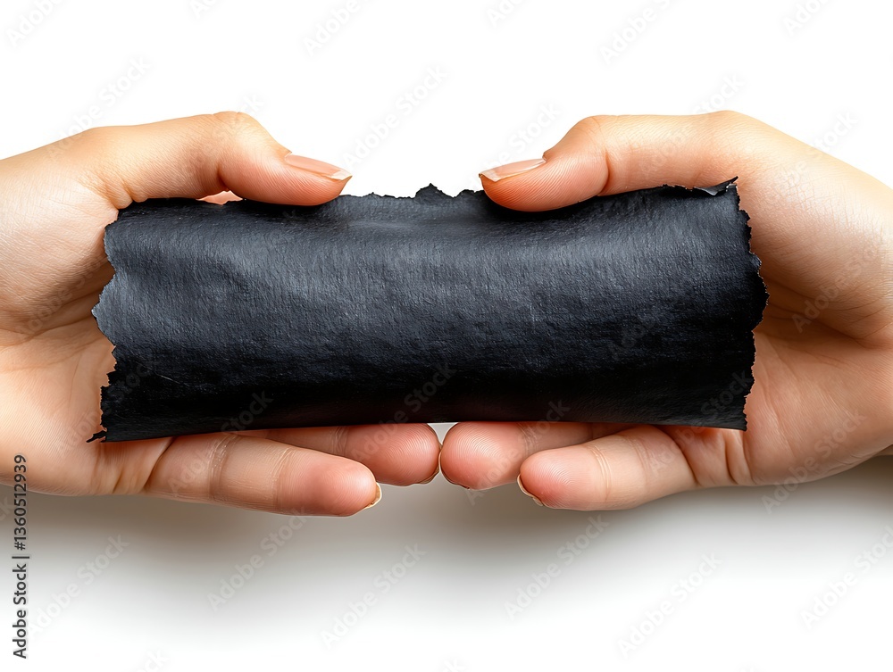 Obraz premium Hands holding black scroll with mockup.