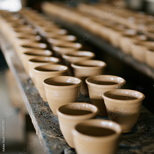Rows of crafted clay pottery wait for the next stage in a workshop dedicated to traditional ceramics making