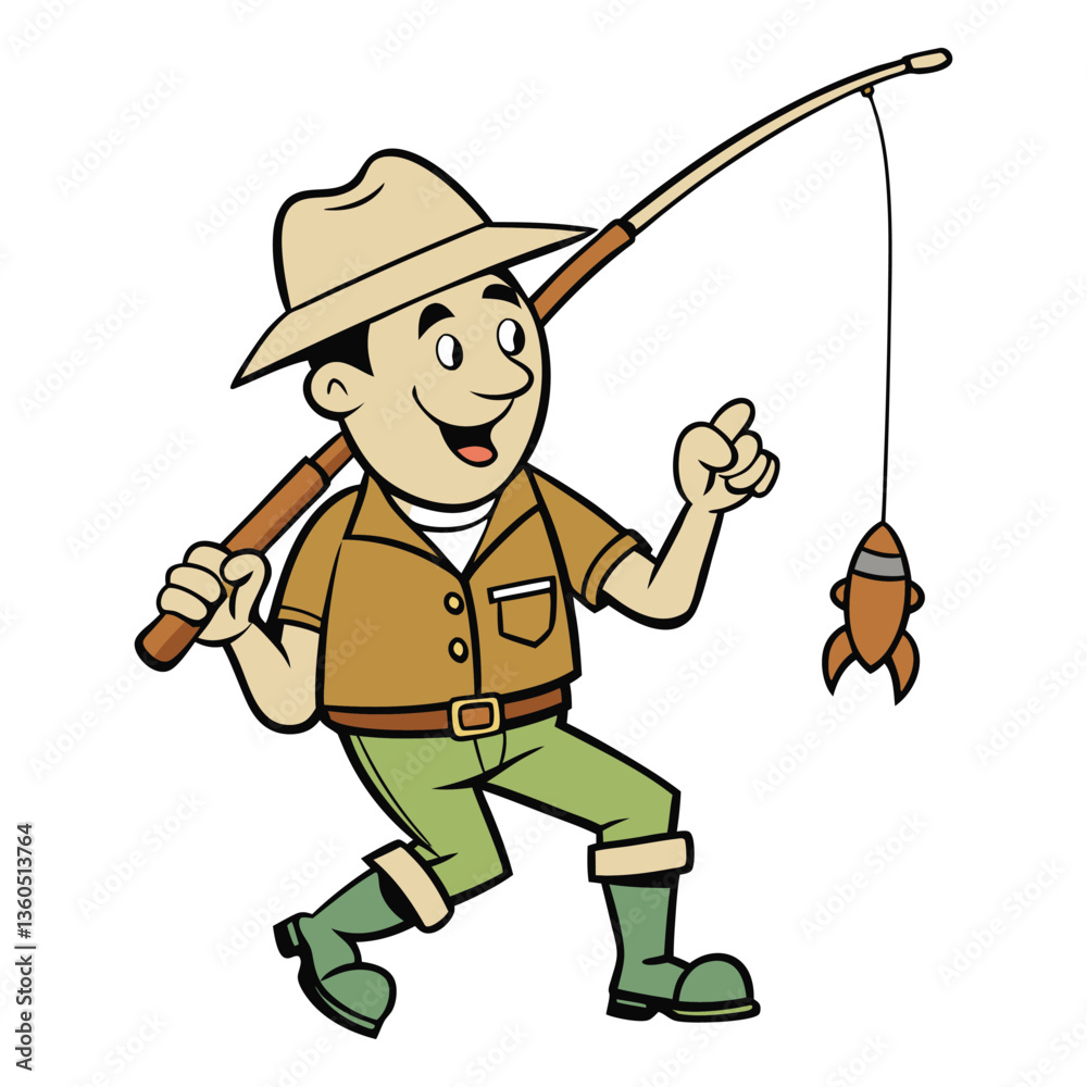 a cheerful cartoon fisherman holding a fishing rod a cheerful cartoon fisherman holding a fishing rod