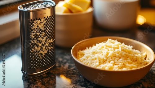 A stainless steel cheese grater placed next to a bowl of freshly grated Parmesan cheese on a kitchen counter