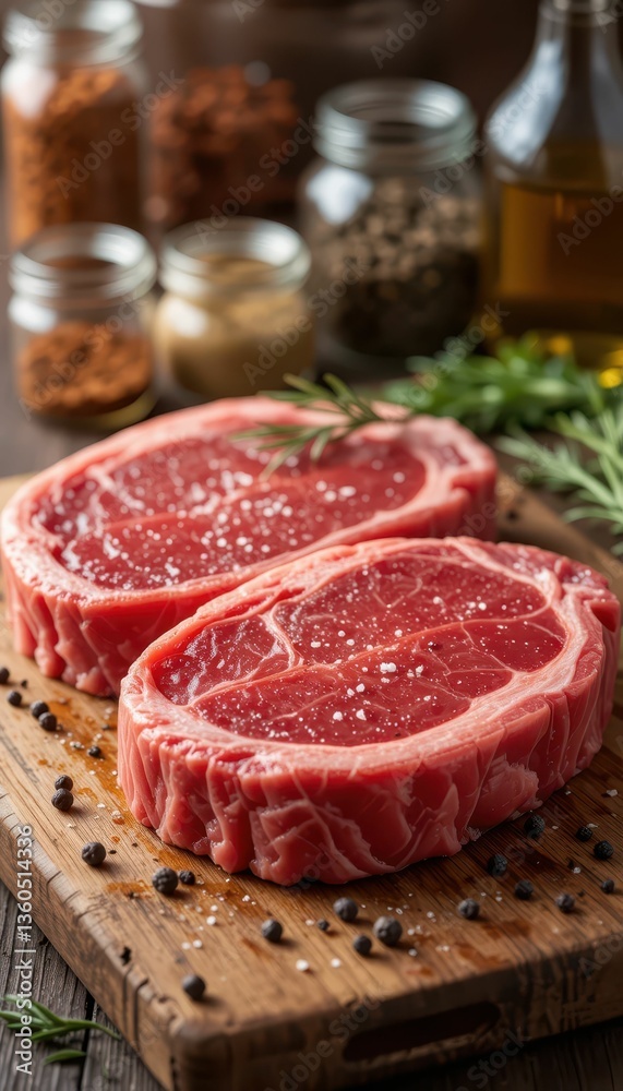 Fresh Raw Beef Steaks Surrounded by Spices and Herbs on Wooden Board Fresh Raw Beef Steaks Surrounded by Spices and Herbs on Wooden Board
