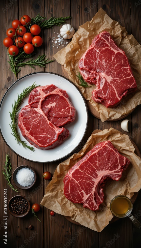 Fresh Raw Beef Steaks on Rustic Wooden Table with Ingredients Fresh Raw Beef Steaks on Rustic Wooden Table with Ingredients
