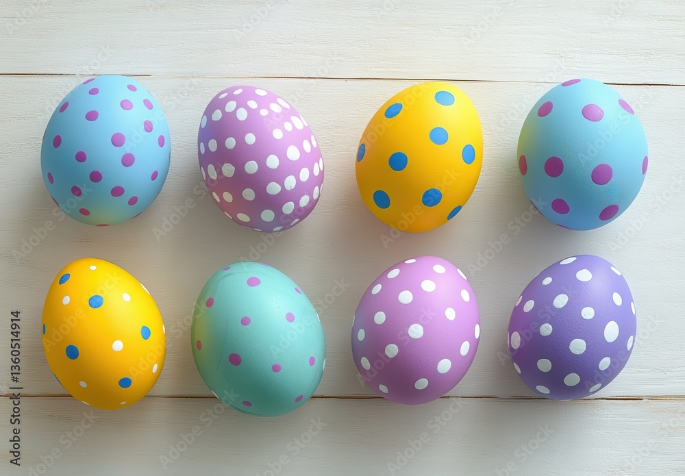 Colorful Easter Eggs with Dots Arranged on a Light Wooden Surface, Perfect for Spring Celebrations and Festive Decorations Colorful Easter Eggs with Dots Arranged on a Light Wooden Surface, Perfect for Spring Celebrations and Festive Decorations