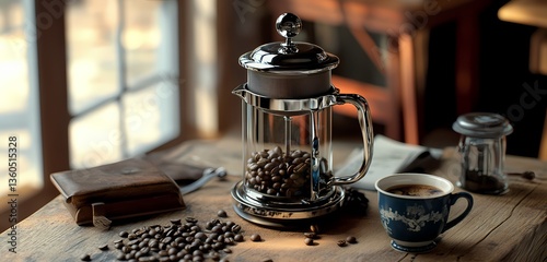 A stylish coffee station with a French press coffee beans and a vintage ceramic cup