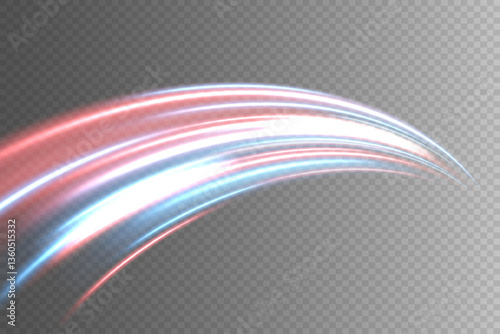 Light trail effect, curve turn. Glowing speed lines. Dynamic movement of light lines. On a transparent background.