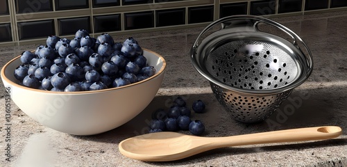 A stainless steel strainer placed next to a bowl of fresh blueberries and a wooden spoon on a kitchen countertop