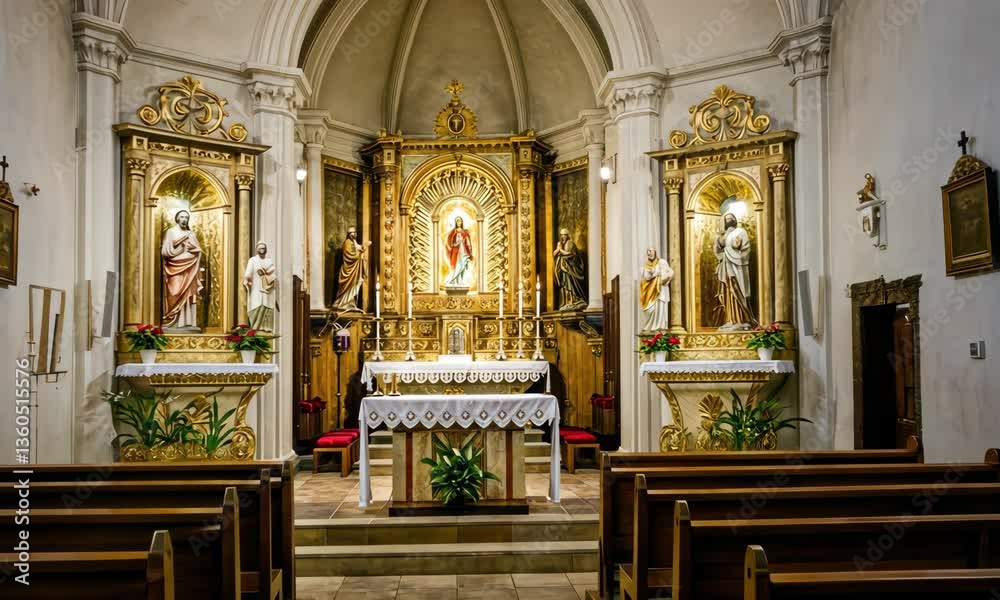 Ornate church interior with altar, religious statues, and wooden pews