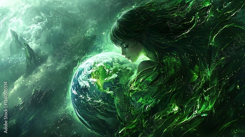 Green Earth Goddess.  A mystical figure cradles the Earth, surrounded by vibrant green energy