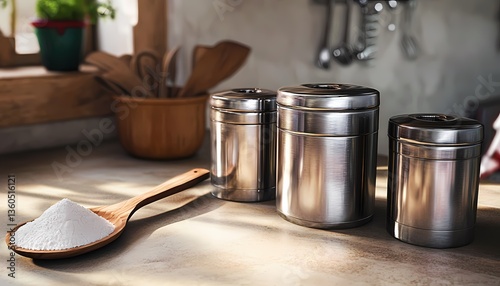 A stylish kitchen counter with a set of stainless steel canisters for sugar flour and tea placed next to a wooden spoon