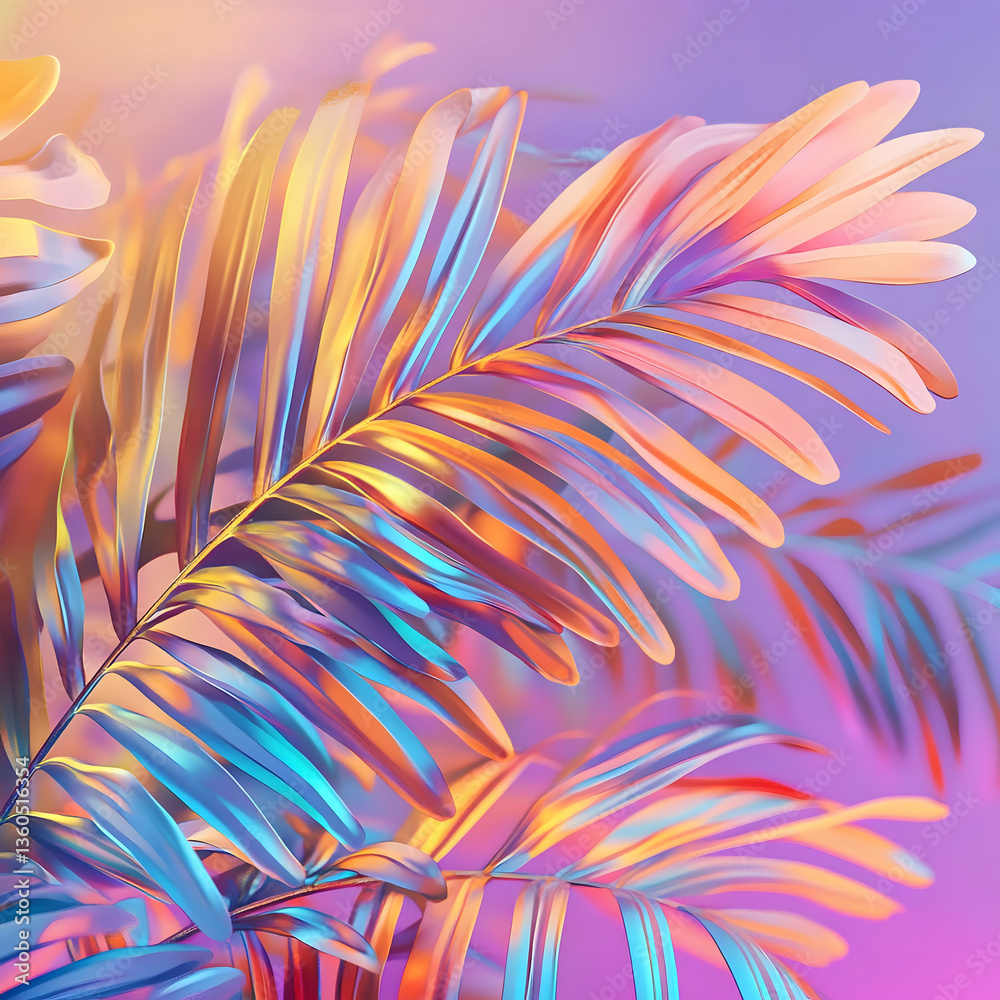 Obraz premium Surreal Botanical Art of Vibrant Palm Leaves with Glowing Edges and Holographic Electric Blue and Magenta Dreamlike Atmosphere