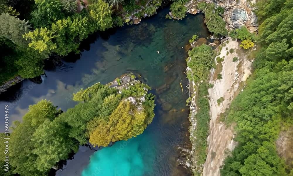 Serene Waterscape: An aerial view of a breathtaking waterscape, featuring crystal-clear turquoise waters surrounded by lush green vegetation and rugged cliffs.