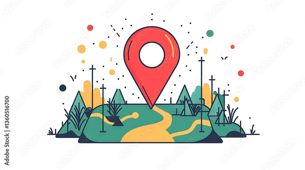 Fototapeta premium Colorful Map with Location Pin Illustration, Colorful illustration of a map with a red location pin, surrounded by abstract dots