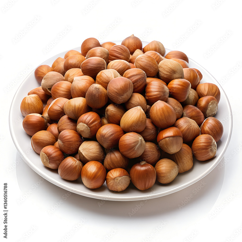 Whole Hazelnuts on a White Plate with a White Background Whole Hazelnuts on a White Plate with a White Background