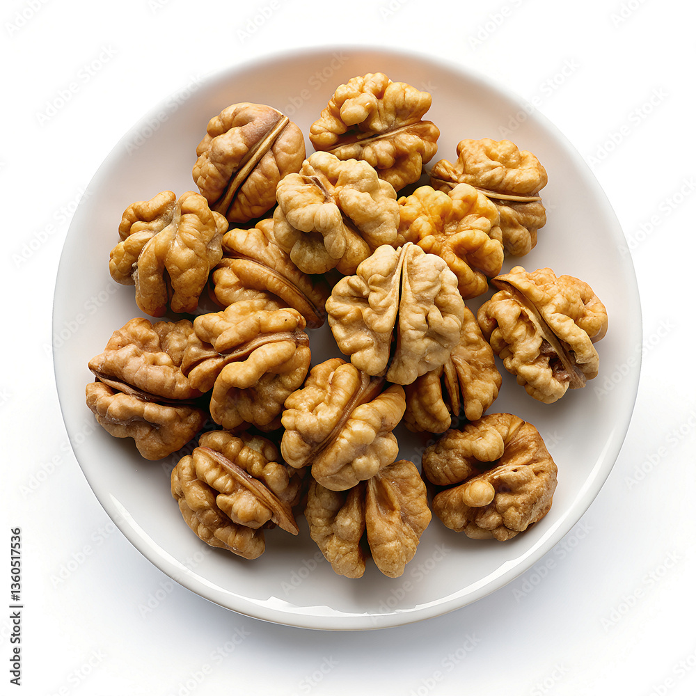 Shelled Walnuts on a White Plate with a White Background Shelled Walnuts on a White Plate with a White Background