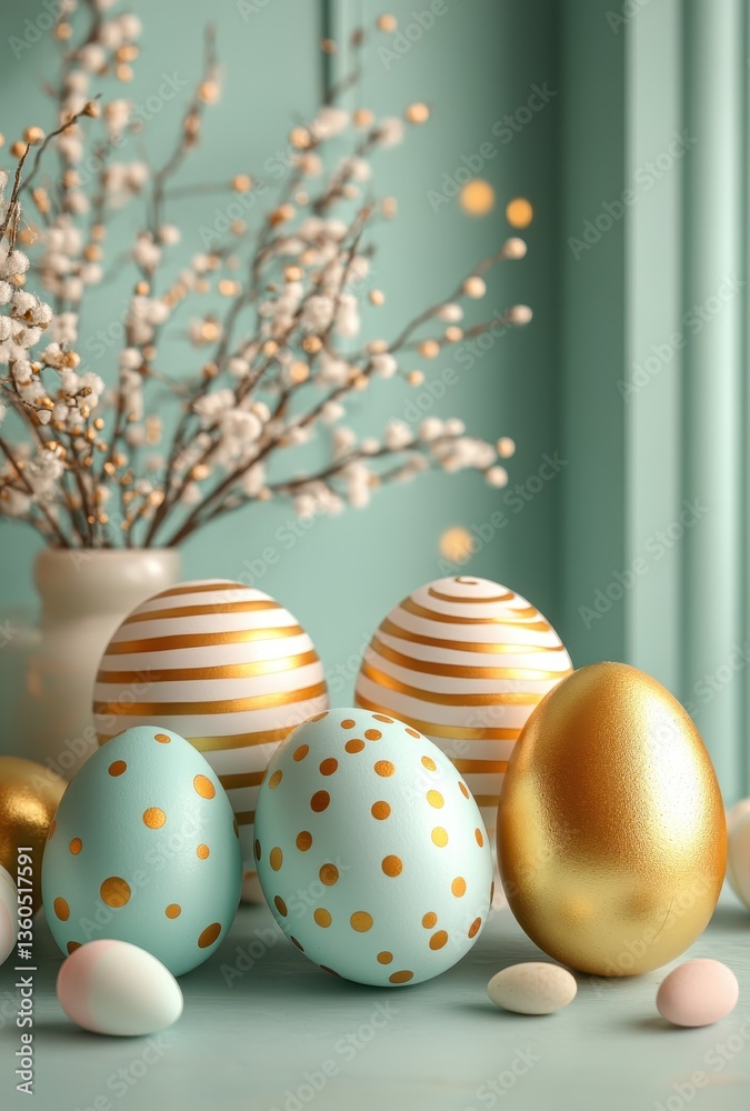 Fototapeta premium Colorful Easter Eggs with Gold Accents and Decorative Branches Against a Soft Blue Backdrop for Spring Celebrations and Festive Decor Ideas