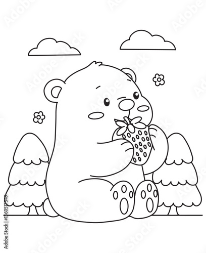 Coloring book bear cub eats a strawberry among stylized trees, flowers, and clouds. Fun line art for coloring, featuring a nature scene
