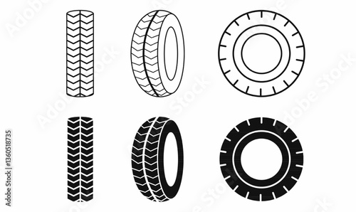 Black and white tire icons with different tread patterns. Perfect for automotive, transport, and mechanic-related designs. Vector illustration. 
