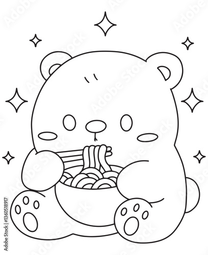 Coloring book bear cub enjoys a bowl of noodles with chopsticks and sparkles. Fun line art for coloring, featuring a food scene