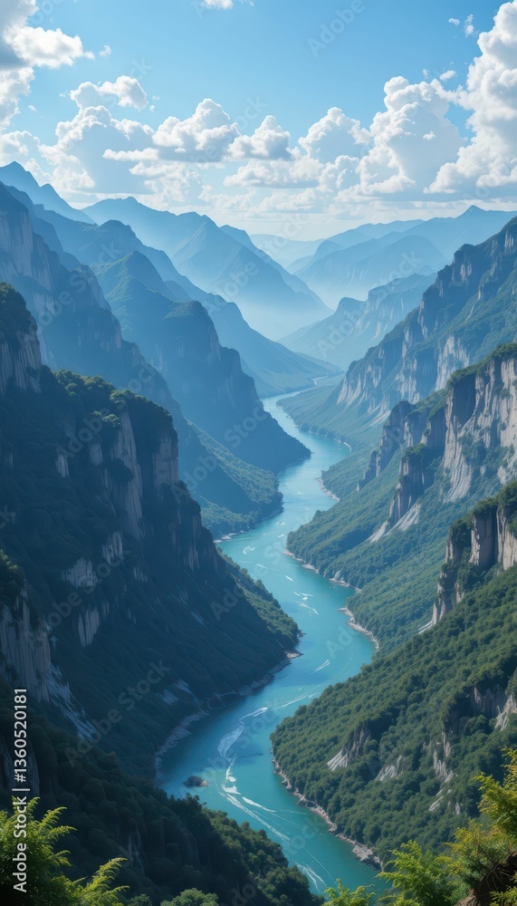 Obraz premium Serene River Winding Through Majestic Mountain Landscape in Daylight