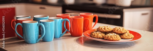 A stylish kitchen scene with a collection of bright ceramic mugs placed next to a plate of freshly baked cookies